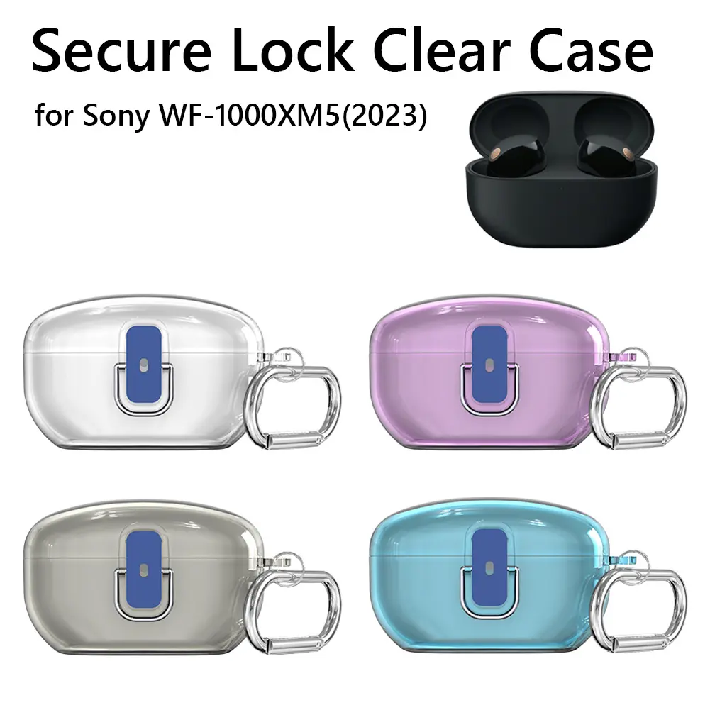 Secure Lock Clear Case Anti-drop Protective Cover Skin with Carabiner for Sony WF-1000XM5 (2023) Wireless Earbuds