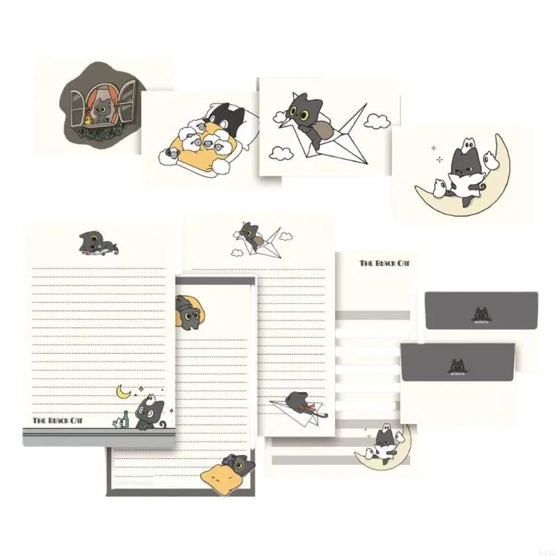 LXAA 1 Set Stationery Paper and Envelopes Set Little Black Cats Letter Writing Paper Stationary Paper for Letter Writing