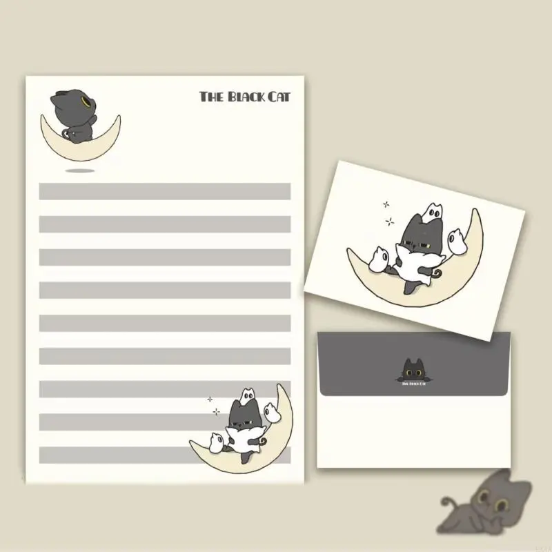 LXAA 1 Set Stationery Paper and Envelopes Set Little Black Cats Letter Writing Paper Stationary Paper for Letter Writing