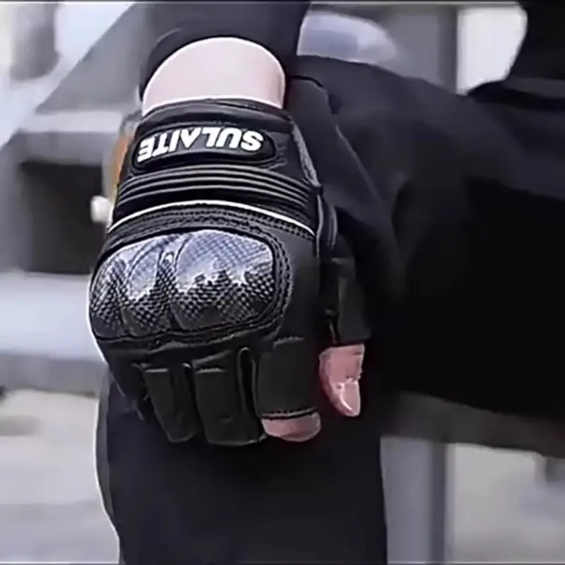 Men's Racing Style Motorcycle Gloves Half Finger Carbon Fiber Protective Breathable Sheepskin for MTB Offroad Biking Cycling