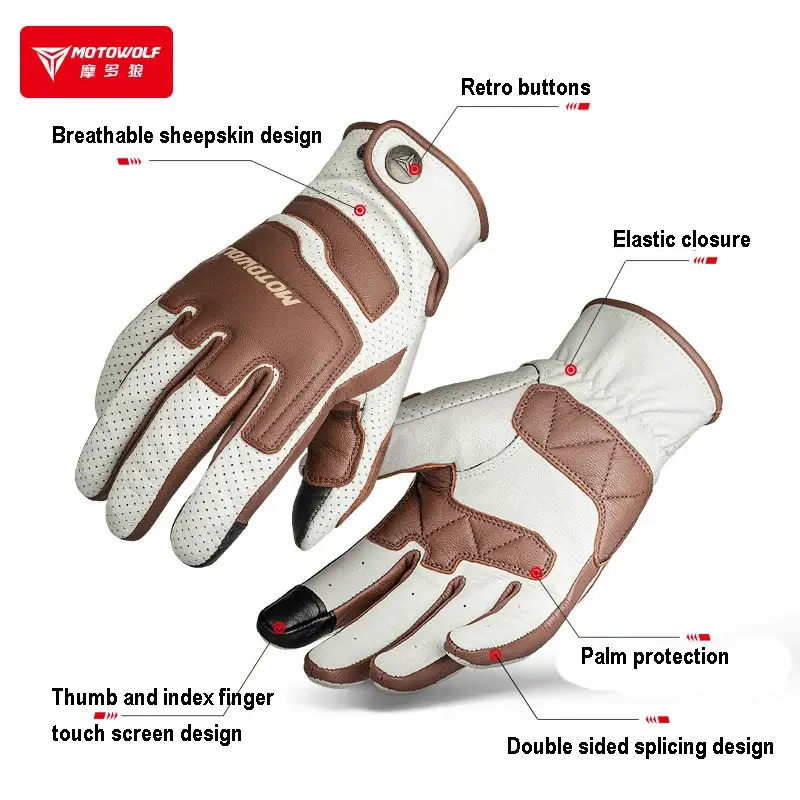 Motorcycle Riding Gloves Brown Retro Style Touchscreen Compatible Breathable Leather Glove Moto gear gp for Harley Adventure