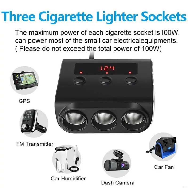 R53D 12V-24V Car Cigarette Socket Splitter Plug LED USB Plug Adapter Port 3 Way for Car Fan Camera
