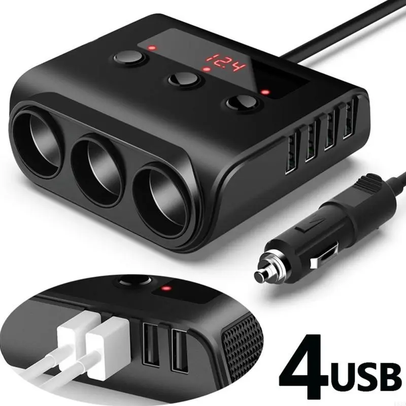 R53D 12V-24V Car Cigarette Socket Splitter Plug LED USB Plug Adapter Port 3 Way for Car Fan Camera
