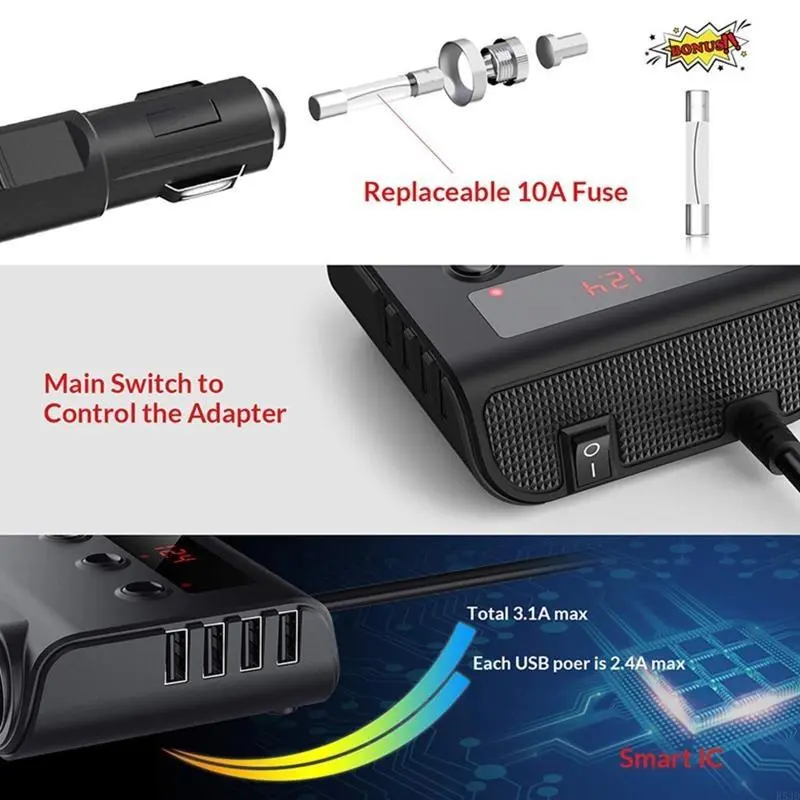 R53D 12V-24V Car Cigarette Socket Splitter Plug LED USB Plug Adapter Port 3 Way for Car Fan Camera