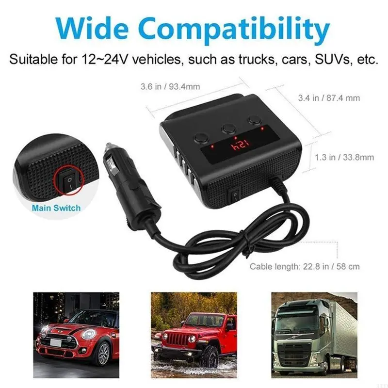 R53D 12V-24V Car Cigarette Socket Splitter Plug LED USB Plug Adapter Port 3 Way for Car Fan Camera