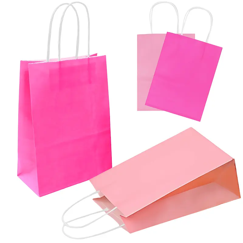 12/24PCS Paper Bag Pink Rosered Kraft Handle Paper Bag Festival Birthday Gift Packaging Materials Party Souvenir Goodie Bags ZYF