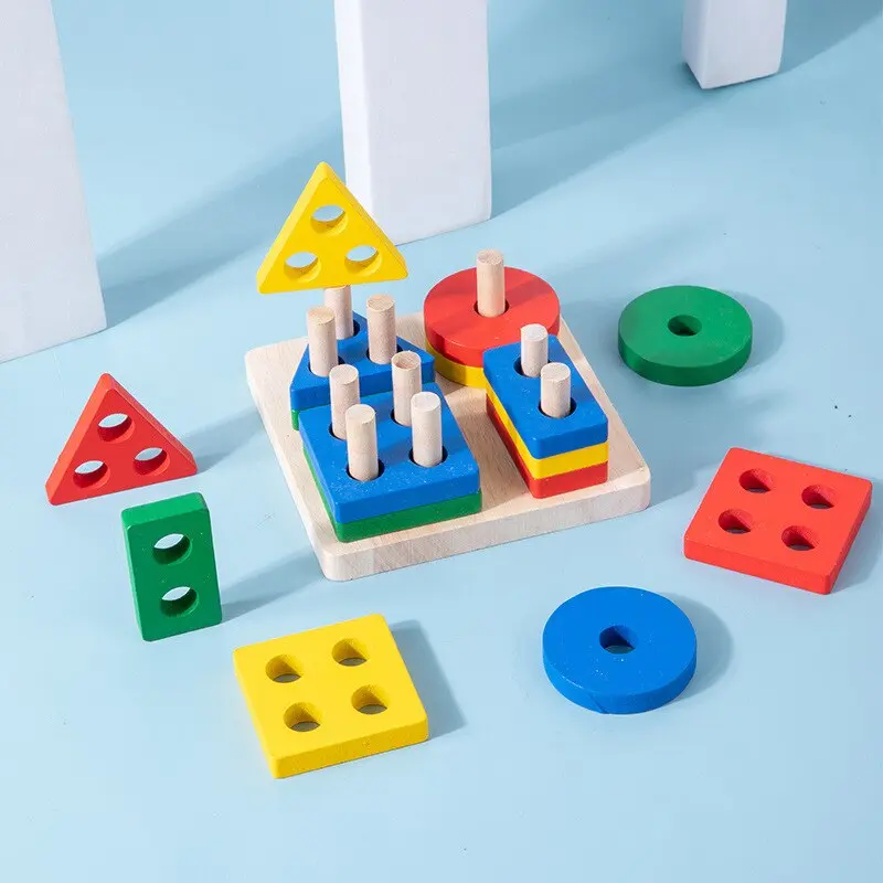 Children Four Post Geometric Modeling Building Blocks Montessori Toys Jigsaw Puzzle Teaching Aids Kids Wooden Toys
