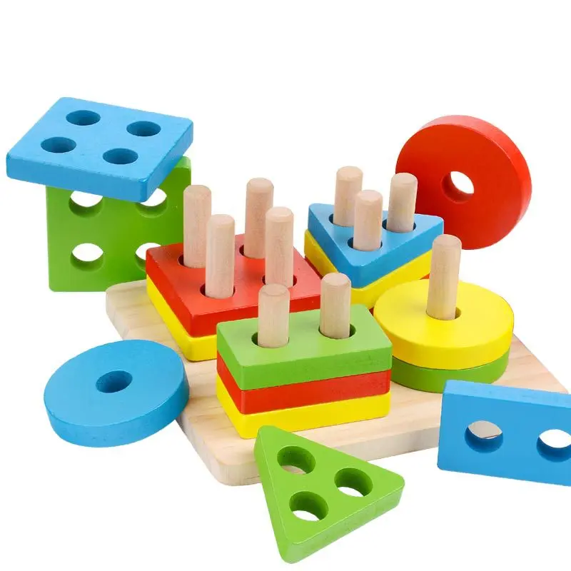 Children Four Post Geometric Modeling Building Blocks Montessori Toys Jigsaw Puzzle Teaching Aids Kids Wooden Toys