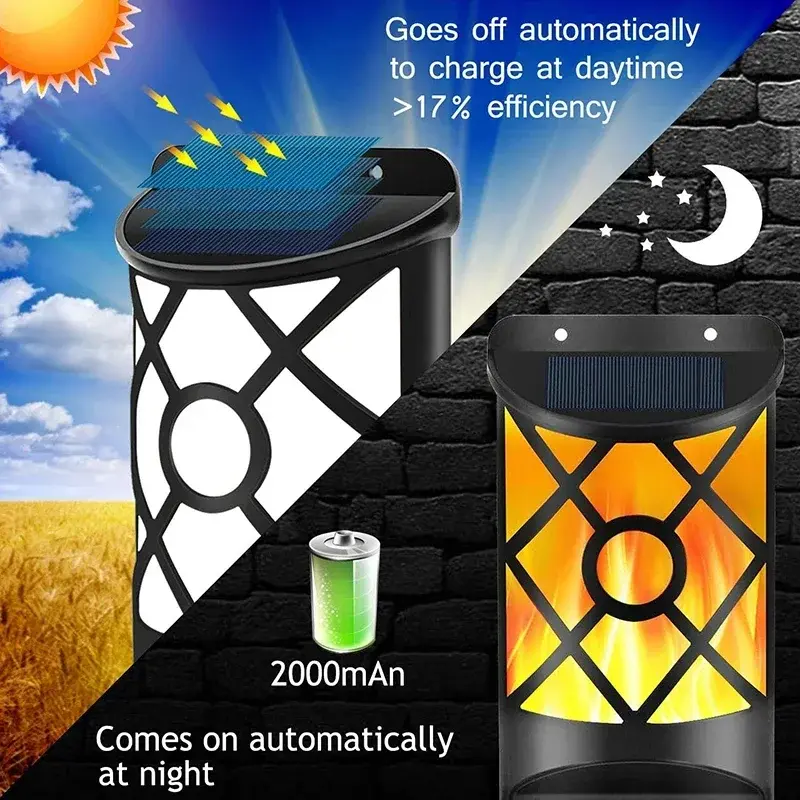 1/2/3/4Pcs 96LED Solar Flame Lame Lattice Design Outdoor Flickering Wall Lights Garden Pathway Yard Christmas Decor Waterproof
