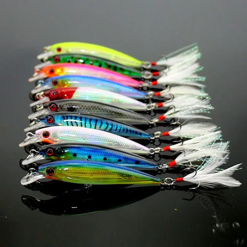 Laser Minnow Fishing Lure Artificial Bionic 9cm/7g Swing Hard Bait with Feather Tackle Hook Wobbler Pesca for Bass Pike 10/5Pcs
