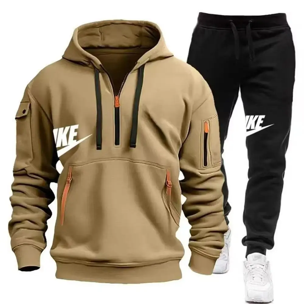 2025 New men's autumn and winter set: Multi-pocket hoodie + sport long pants set, casual men's wear, sportswear and warm set