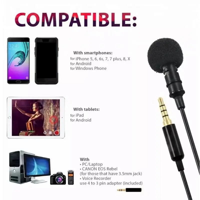 Lavalier Mic Portable Headset Mic Mini Portable Lavalier Microphone Wired Mic Speaker Condenser Clip-on Lapel Microphone