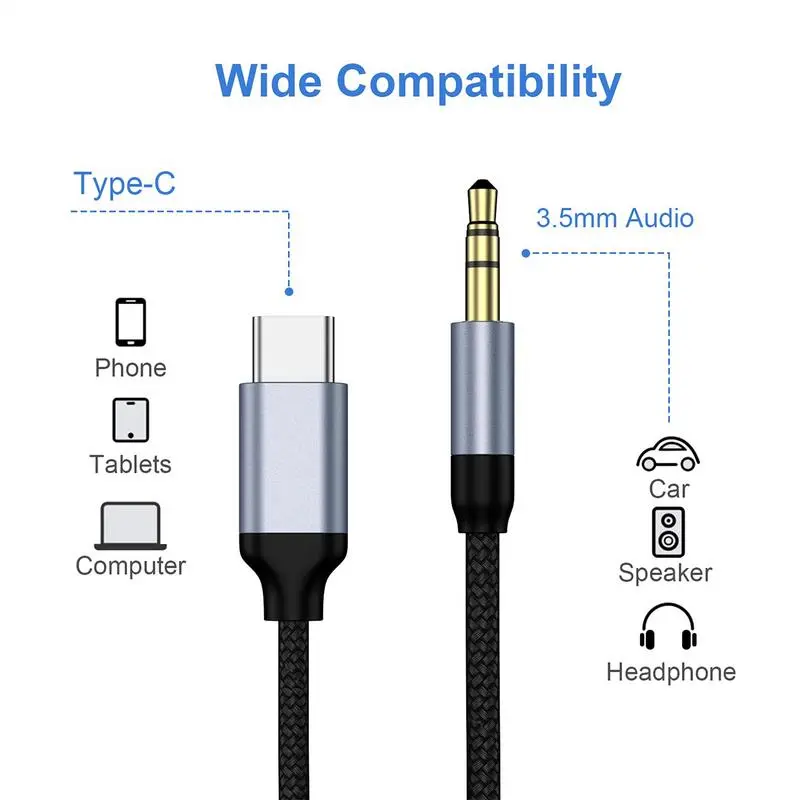 USB C Aux Cable Type C 3.5mm Jack Adapter USB C to 3.5mm Audio Aux Cable Car Stereo Cord Aux Headphone Cord for Stereo Speaker