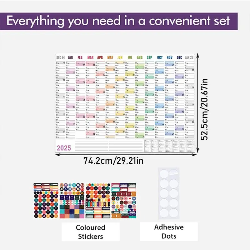 Full Year Wall Calendar 2025 365 Day Poster Calendar Wall Hanging Yearly Planner Thick Paper Calendar With Colored Stickers