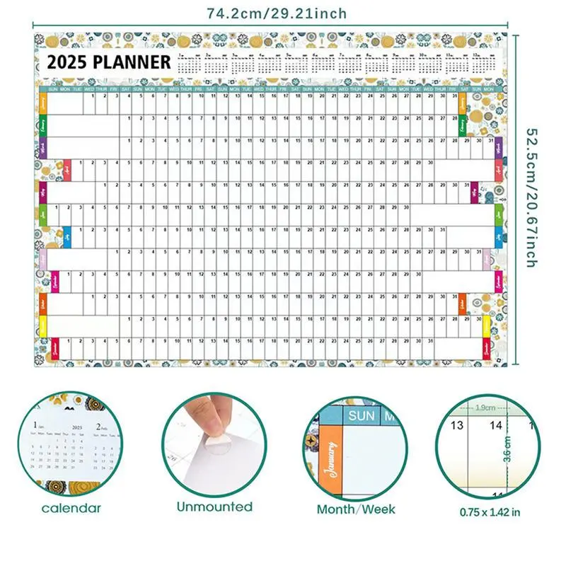 2025 Wall Calendar Yearly Wall Planner with Adhesive Sticker 12 Months Planner Multipurpose Wall Calendar Creative Work Calendar
