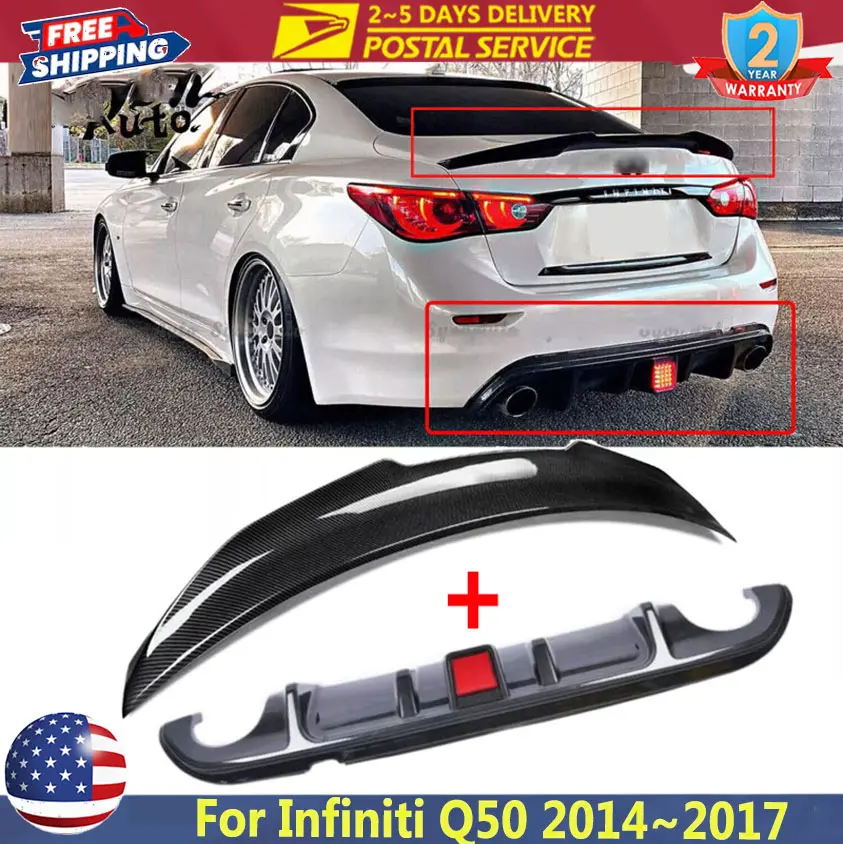 Carbon Fiber Rear Bumper Diffuser Lip & Rear Car Spoilers For Infiniti Q50 2014-2017 With LED Lamp Car Gloss Black Boot Spoiler
