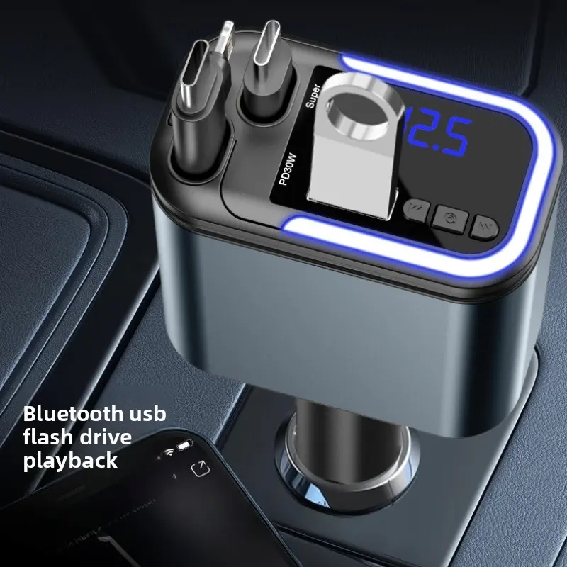 Bluetooth 5.0 FM Transmitter 180W Retractable Car Charger 5 IN 1 Fast Phone Charger Handsfree Call U-disk Aux with LED Light