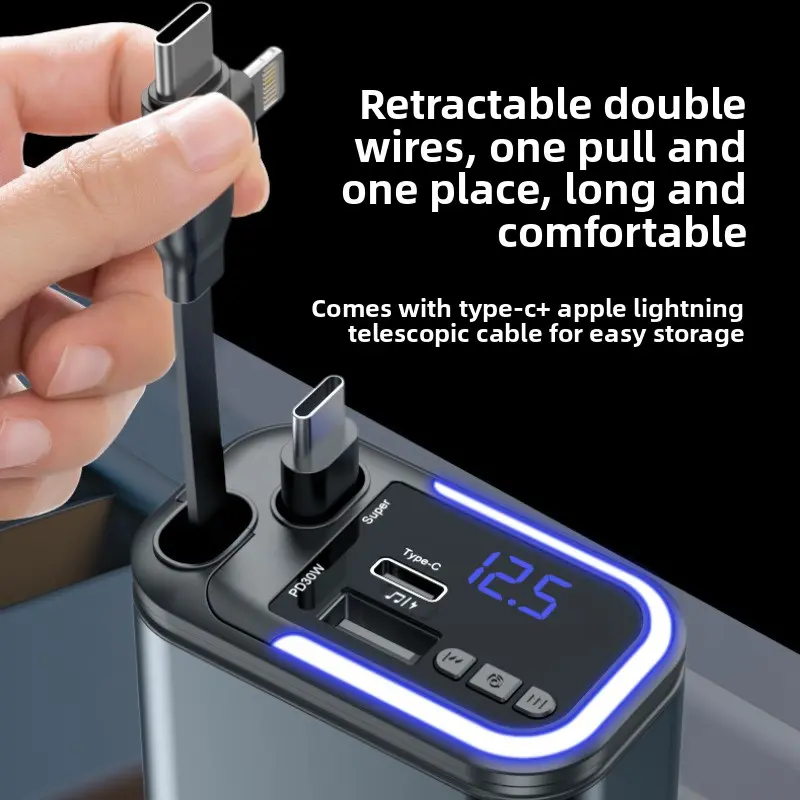 Bluetooth 5.0 FM Transmitter 180W Retractable Car Charger 5 IN 1 Fast Phone Charger Handsfree Call U-disk Aux with LED Light