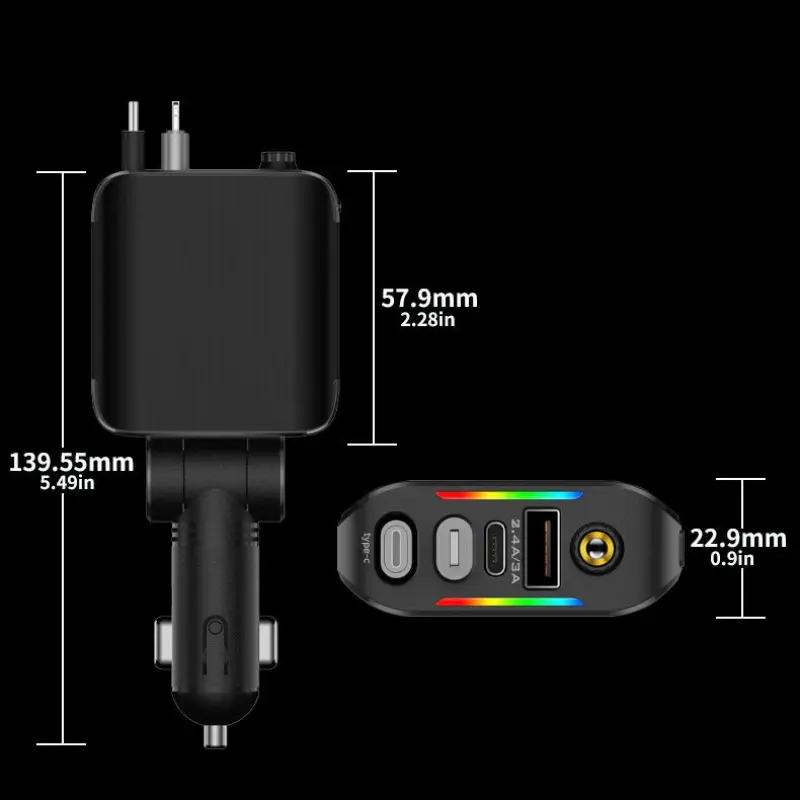 120W Car Charger with Roof Starlight Fast Charging Retractable Cable & 2 Charging Ports Voltage Phone Charger For IOS Android