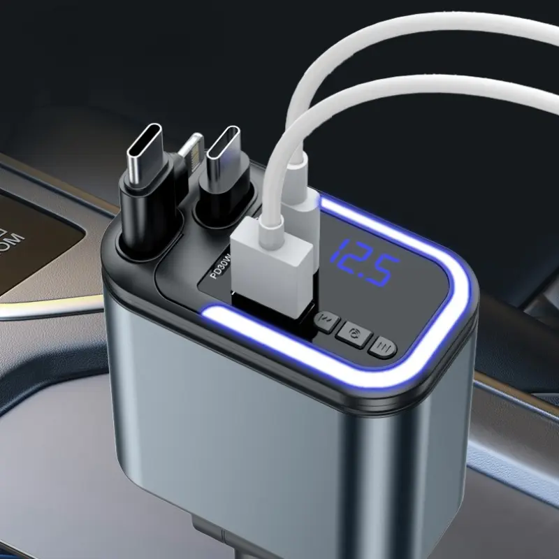 Bluetooth 5.0 FM Transmitter 180W Retractable Car Charger 5 IN 1 Fast Phone Charger Handsfree Call U-disk Aux with LED Light