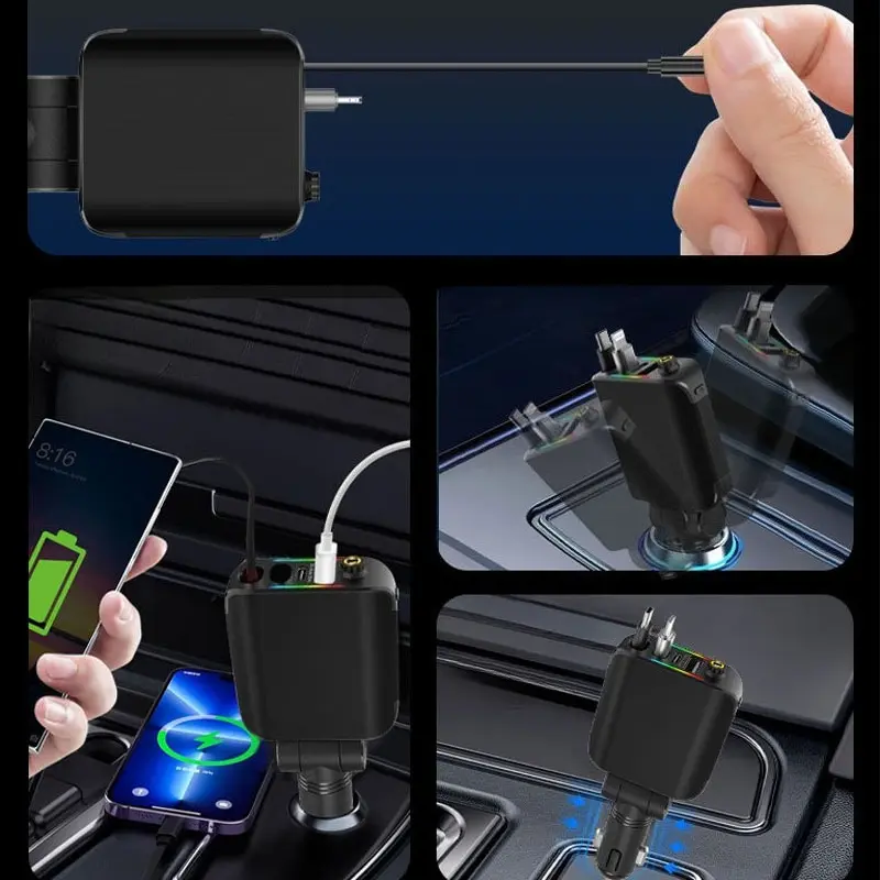 120W Car Charger with Roof Starlight Fast Charging Retractable Cable & 2 Charging Ports Voltage Phone Charger For IOS Android