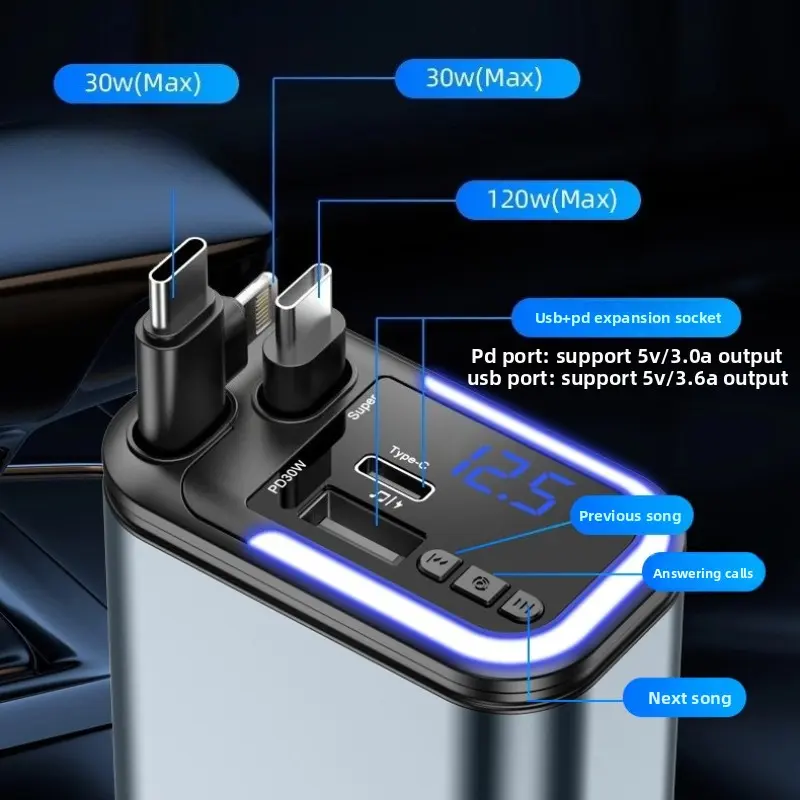 Bluetooth 5.0 FM Transmitter 180W Retractable Car Charger 5 IN 1 Fast Phone Charger Handsfree Call U-disk Aux with LED Light