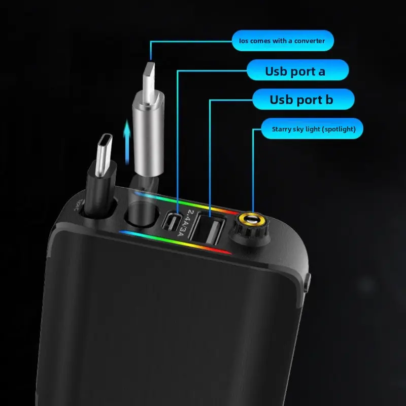 120W Car Charger with Roof Starlight Fast Charging Retractable Cable & 2 Charging Ports Voltage Phone Charger For IOS Android