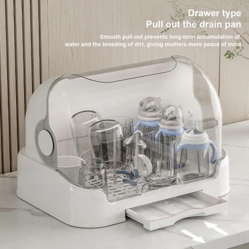 Bottle Drying Rack with Removable Drip Tray Dust-Proof Storage Box for Toddler Bottles Cup Drain Storage Rack with Dust Cover