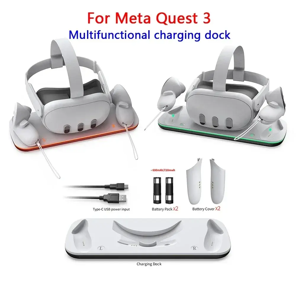 VR Headset Charging Dock for Mate Quest 3 Dual Controller Contact Charger Stand With LED Light For Oculus Quest 3 Charge Station