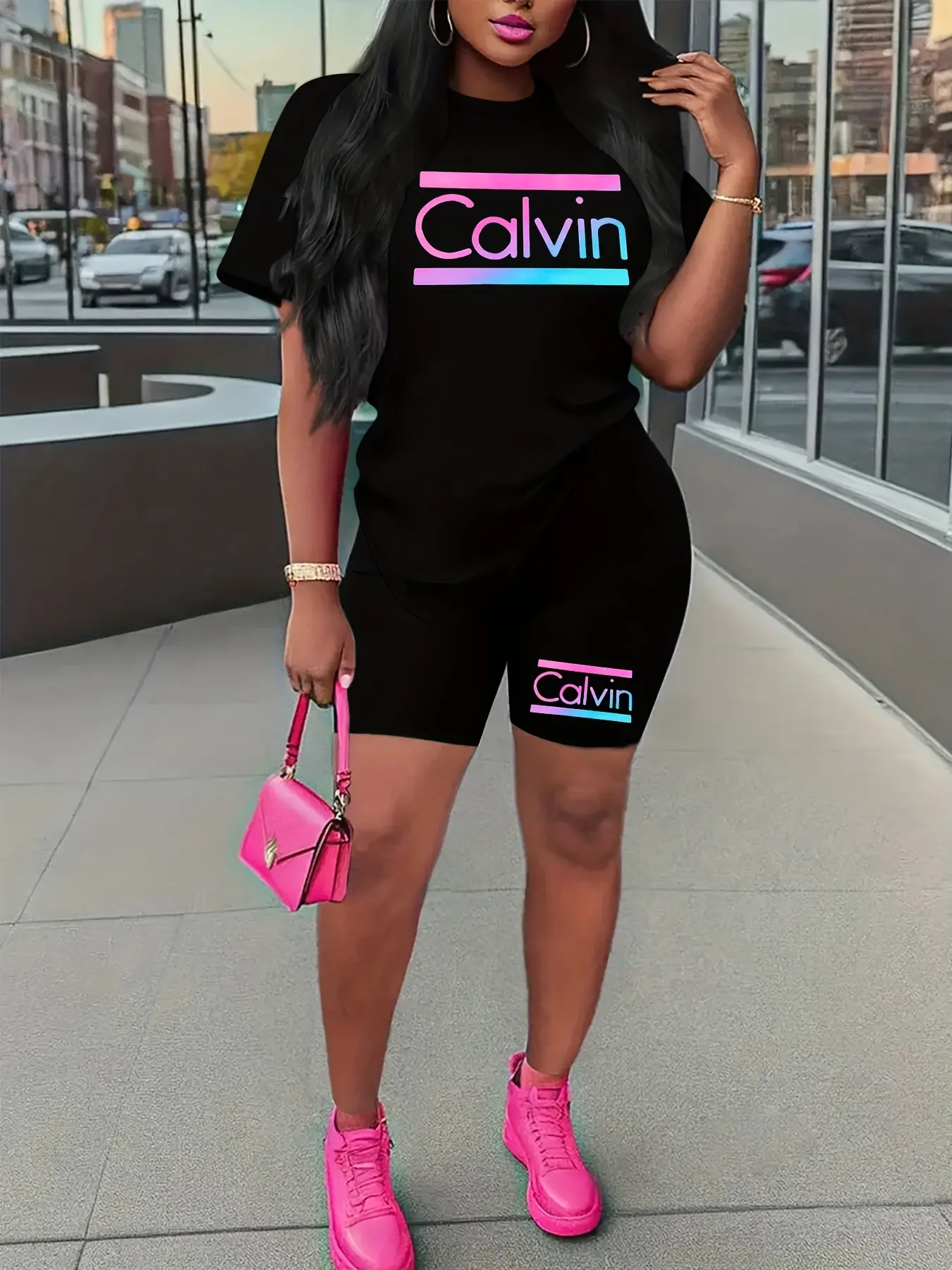 Women's summer casual loose and fashionable Calvin print round neck short sleeved T-shirt+shorts two-piece set