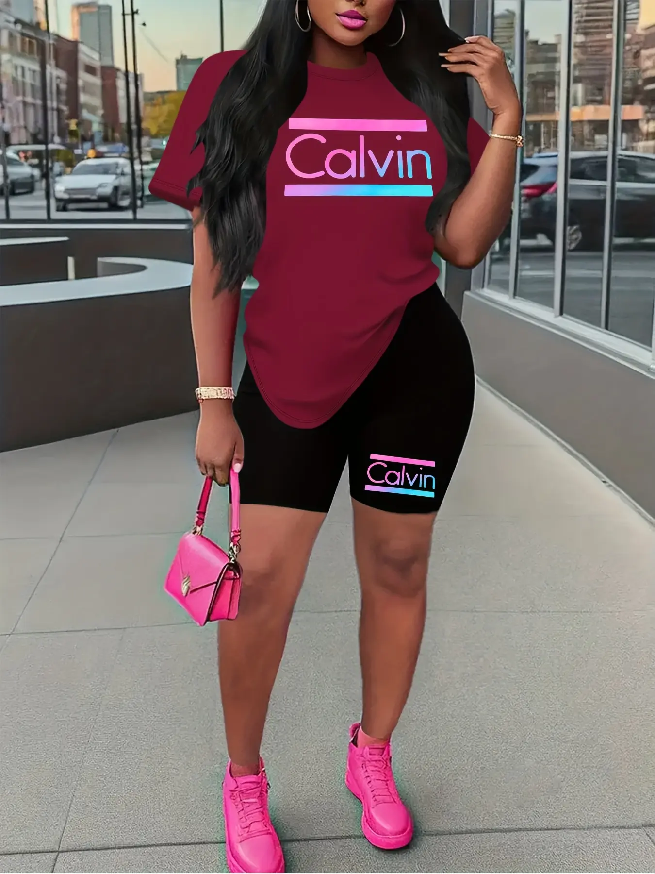 Women's summer casual loose and fashionable Calvin print round neck short sleeved T-shirt+shorts two-piece set