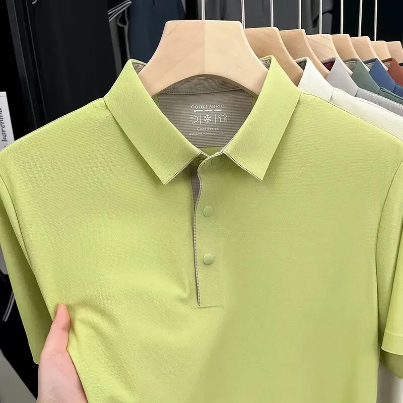 Luxury high-end ice silk short sleeve polo shirt Men's summer 2025 quick drying breathable casual trend solid color Paul T-shirt