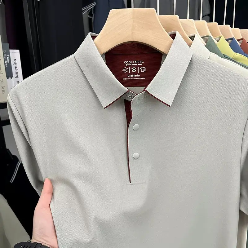 Luxury high-end ice silk short sleeve polo shirt Men's summer 2025 quick drying breathable casual trend solid color Paul T-shirt