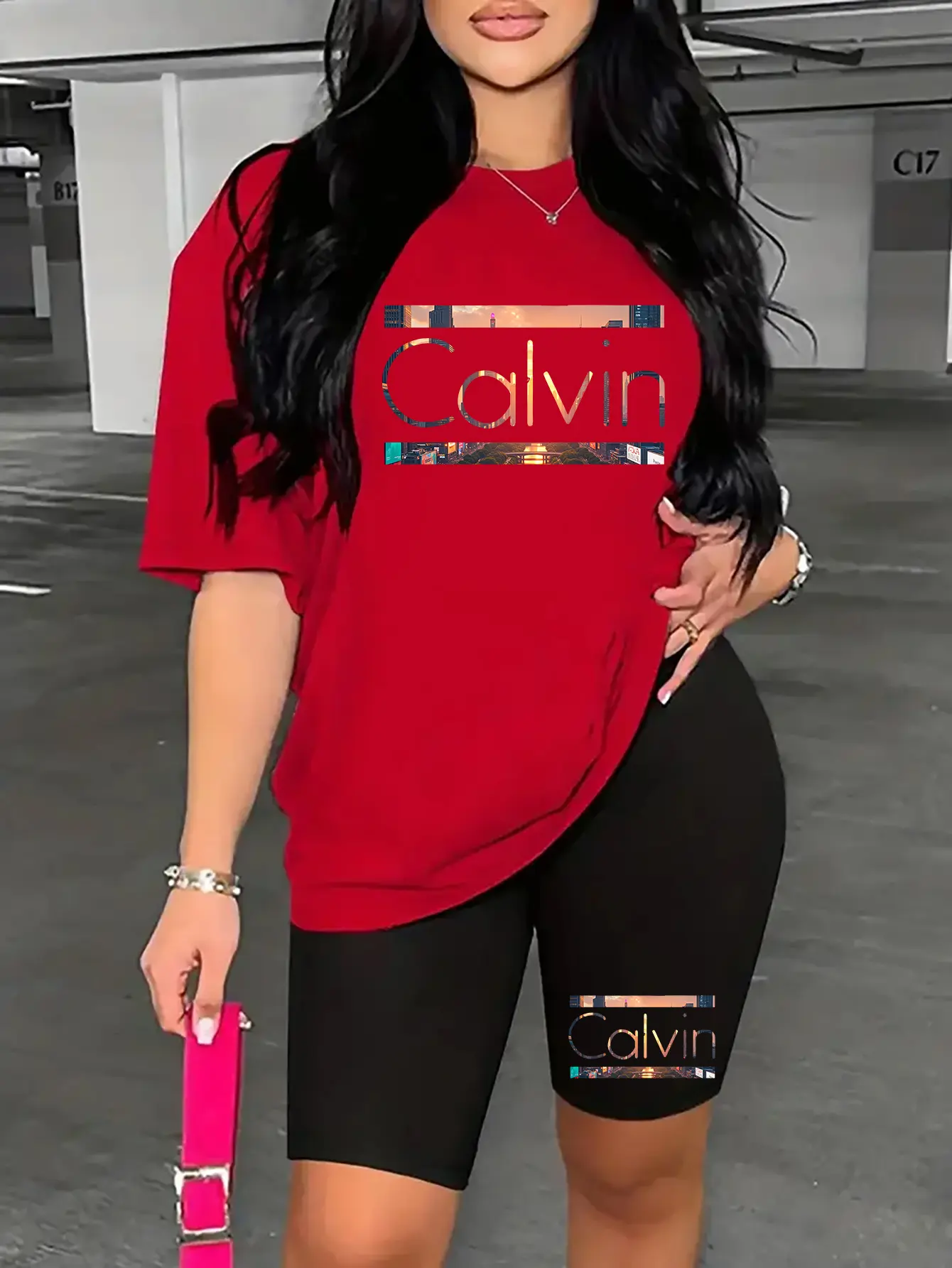 Women's summer casual fashion Calvin letter printed loose round neck short sleeved T-shirt+tight shorts two-piece set
