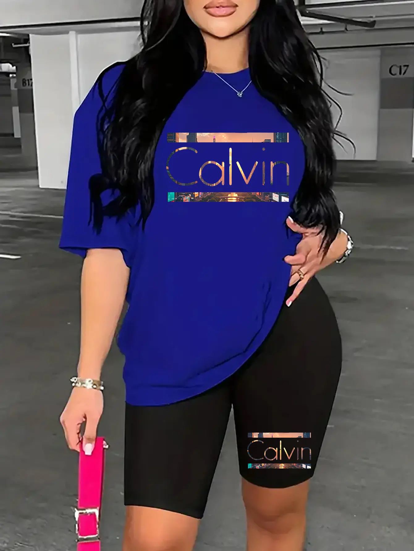 Women's summer casual fashion Calvin letter printed loose round neck short sleeved T-shirt+tight shorts two-piece set