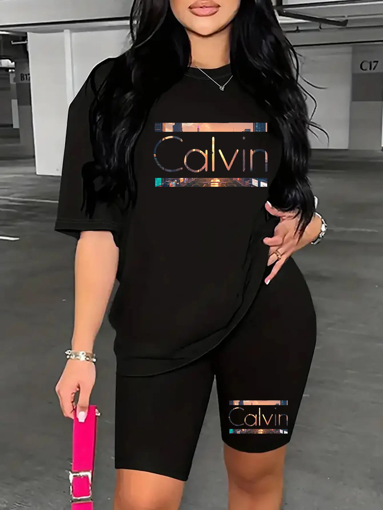Women's summer casual fashion Calvin letter printed loose round neck short sleeved T-shirt+tight shorts two-piece set