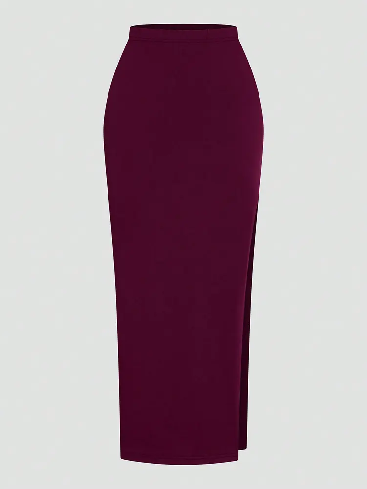 Plus Size Ms. Burgundy Sexy Romantic Urban Woman Sleeveless Neck Swing Neck Top + Split Half Skirt Long Skirt Two Piece Set