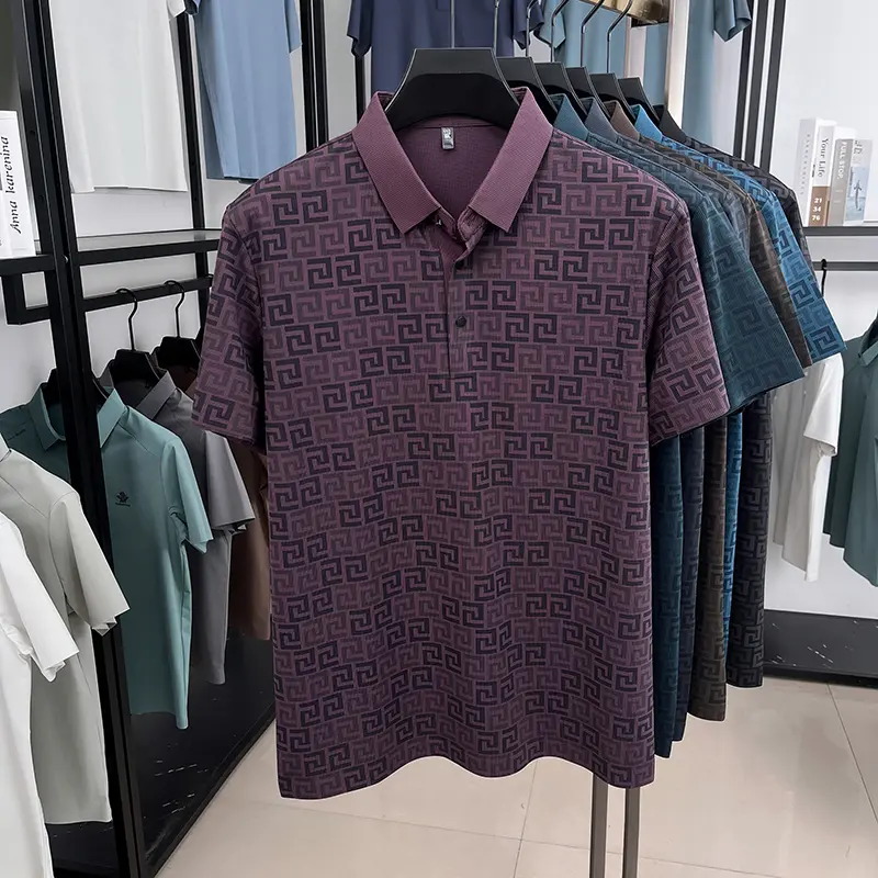 Men's High End New Summer Printed Business Collar Polo Shirt Ice Silk Fashionable Casual Collar T-Shirt Comfort Top Men's Wear