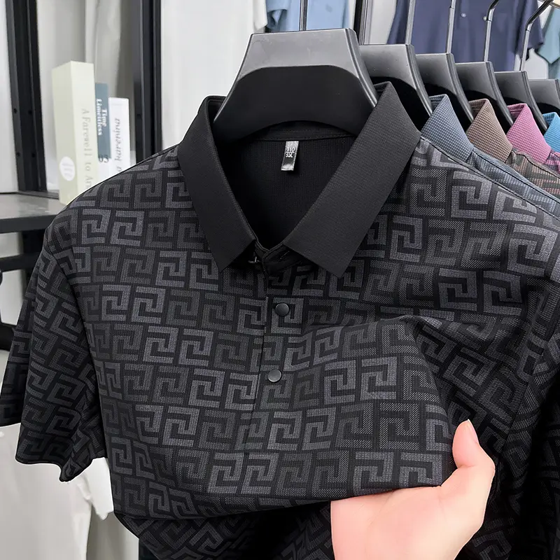 Men's High End New Summer Printed Business Collar Polo Shirt Ice Silk Fashionable Casual Collar T-Shirt Comfort Top Men's Wear