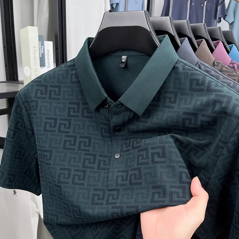 Men's High End New Summer Printed Business Collar Polo Shirt Ice Silk Fashionable Casual Collar T-Shirt Comfort Top Men's Wear