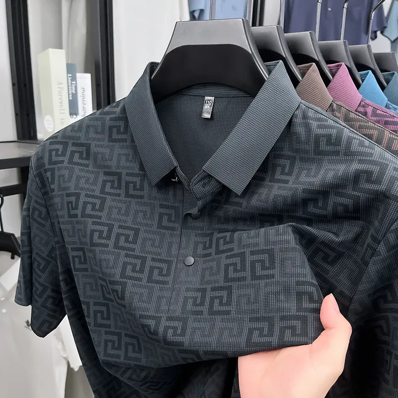 Men's High End New Summer Printed Business Collar Polo Shirt Ice Silk Fashionable Casual Collar T-Shirt Comfort Top Men's Wear