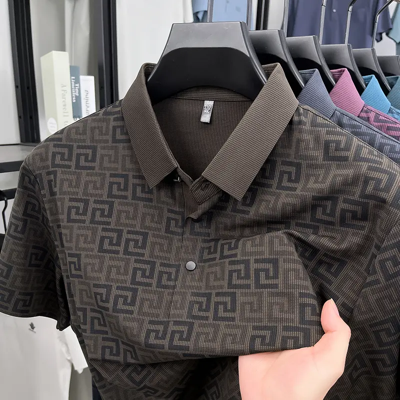 Men's High End New Summer Printed Business Collar Polo Shirt Ice Silk Fashionable Casual Collar T-Shirt Comfort Top Men's Wear