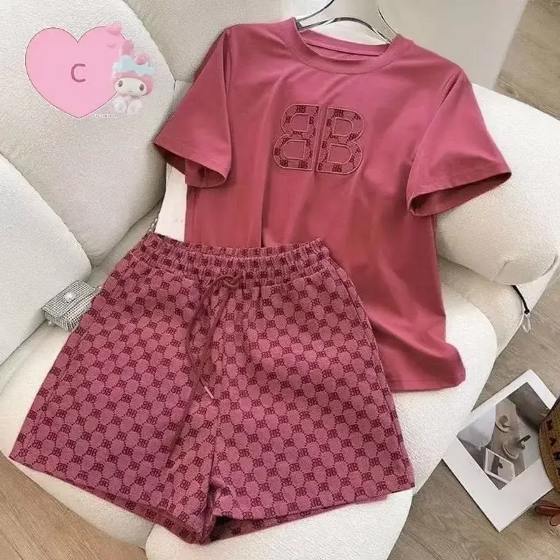 Summer Casual Embroidered Fashion Set Thin Milk Silk Sleepwear Women's Short Sleeve Shorts Outfit Comfortable Breathable