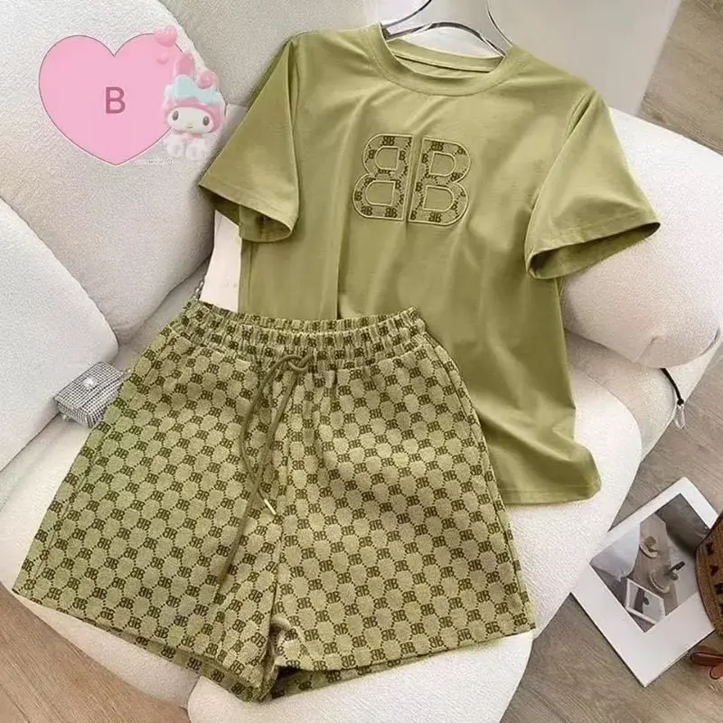 Summer Casual Embroidered Fashion Set Thin Milk Silk Sleepwear Women's Short Sleeve Shorts Outfit Comfortable Breathable