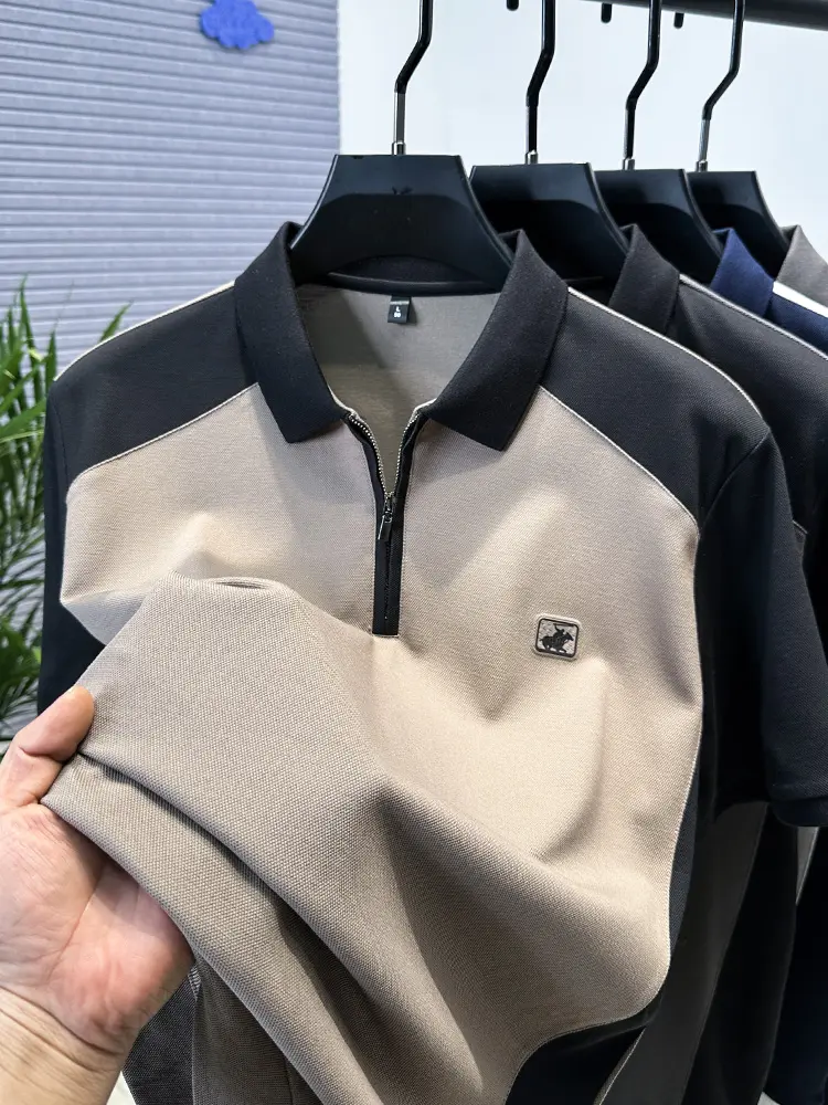 High-end Brand Men's Horse Embroidered Polo Shirt Zipper Lapel Short-sleeved T-shirt Summer New Splicing Casual Hot-sales Men's