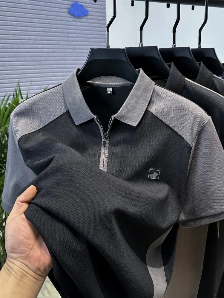 High-end Brand Men's Horse Embroidered Polo Shirt Zipper Lapel Short-sleeved T-shirt Summer New Splicing Casual Hot-sales Men's