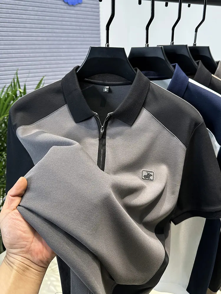 High-end Brand Men's Horse Embroidered Polo Shirt Zipper Lapel Short-sleeved T-shirt Summer New Splicing Casual Hot-sales Men's