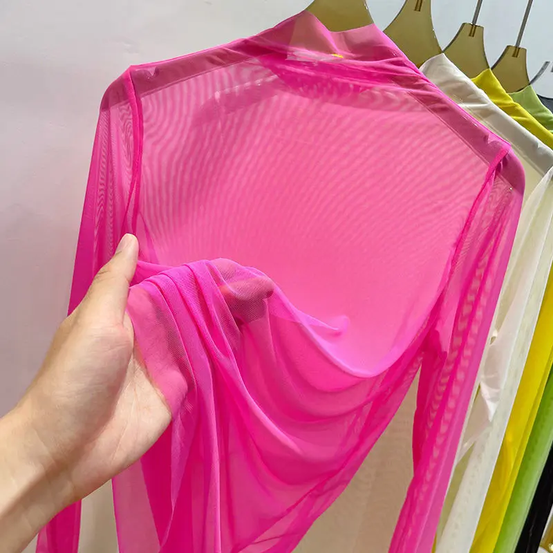 Transparent Gauze Bottoming T-shirt Women Clothing Summer Long Sleeved T-shirt with Gauze Shirt Half High Collar Sunscreen 2024