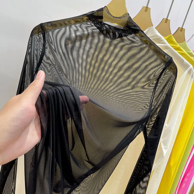 Transparent Gauze Bottoming T-shirt Women Clothing Summer Long Sleeved T-shirt with Gauze Shirt Half High Collar Sunscreen 2024