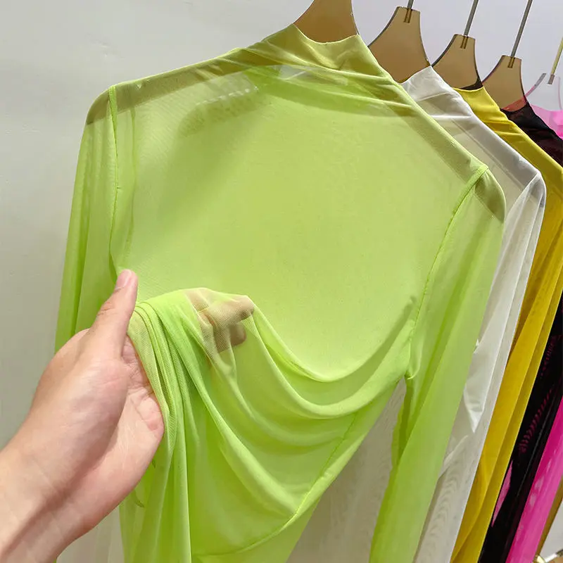 Transparent Gauze Bottoming T-shirt Women Clothing Summer Long Sleeved T-shirt with Gauze Shirt Half High Collar Sunscreen 2024